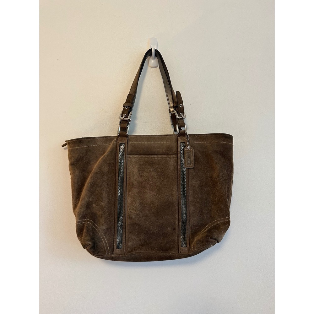 Coach Hampton Brown Suede Beaded Tote Bag with Metallic Leather Trim